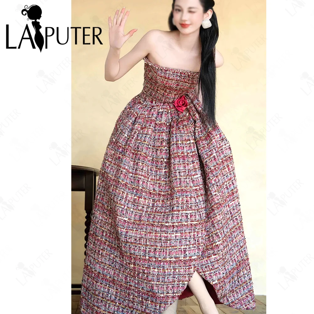 

Красные сетчатые платья для выпускного вечера, шерстяное без бретелек арочное пышное трапециевидное платье длиной до чая, вечернее платье из твида в сетку для девочек, праздничное платье