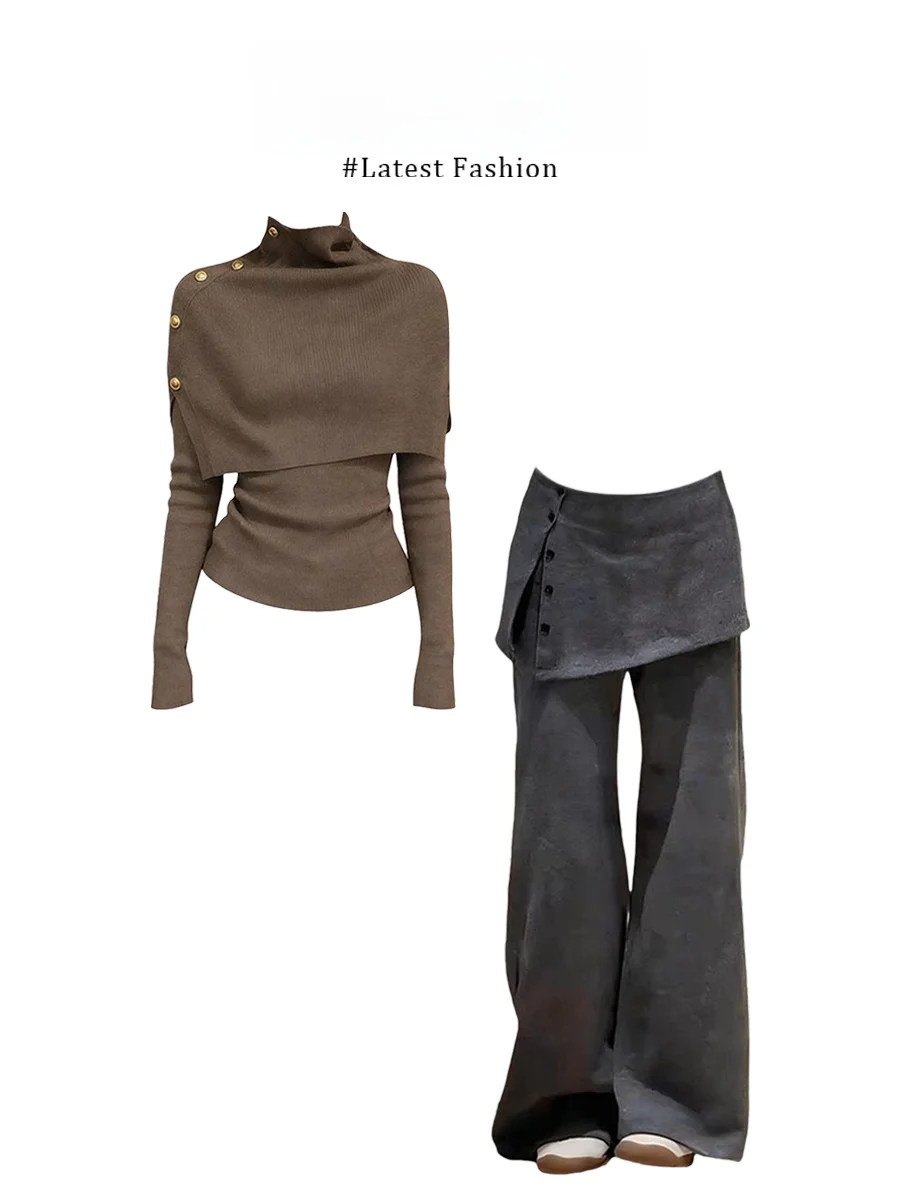 

Parkyeon2026 Early Spring Gray Knitted Cloak And Pants Set Slimming True Two-Piece Casual Style Long Sleeve round Neck Loose Fit