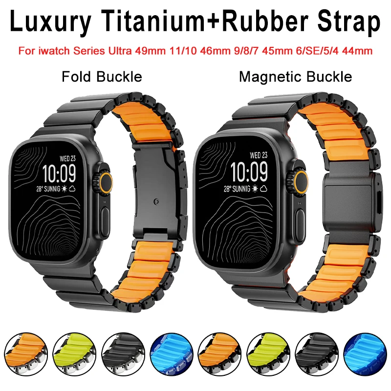 

Титановый ремешок с резиновыми вставками для Apple Watch Ultra 3 2 49 мм, магнитный ремешок для Iwatch Series 9 8 7 45 мм, 6 SE 5 4 44 мм, браслет