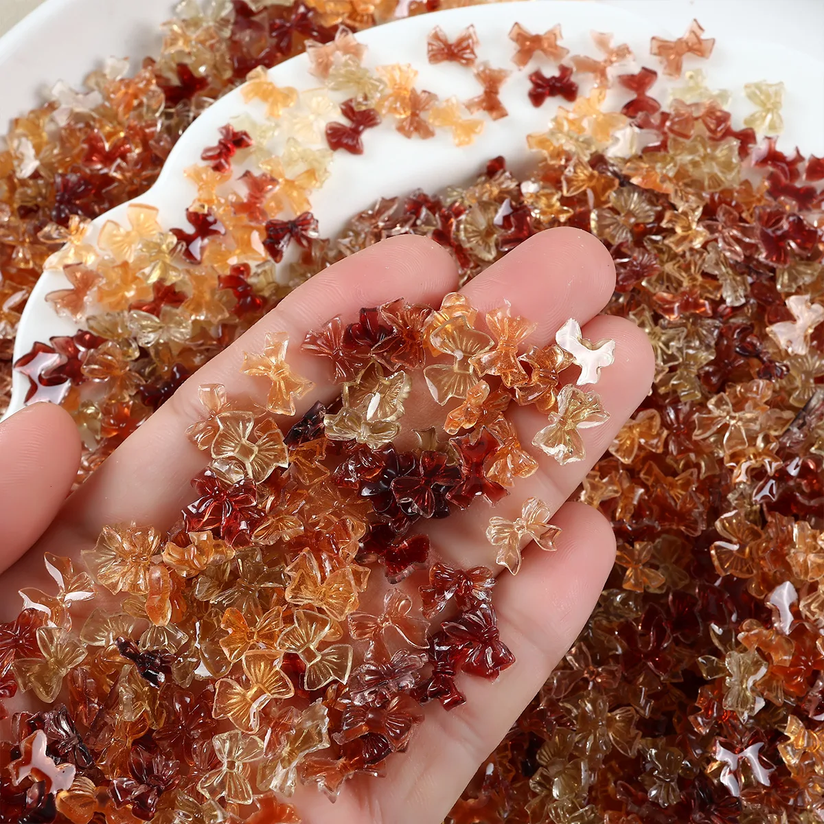 100PCS Ice Clear Maillard Mix Various Heart Ribbon Bow Camellia Flower Resin Nail Rhinestones Decorations Manicure Autumn Charms