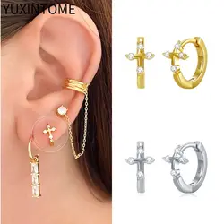 925 Sterling Silver Ear Buckle Crystal Cross Hoop Earrings for Women Girls Huggie Earrings Hoops Jewelry Accessories Party Gift