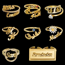 Acheerup Personalized Custom 1-3Names Ring for Women Stainless Steel Adjustable Zircon Heart Letter Couples Wedding Jewelry Gift