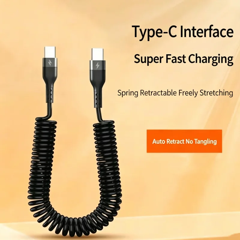60W PD 5A Coiled USB‑C to USB‑C Fast Charging Cable Retractable Stretch Spring Wire Anti‑Tangled Type‑C Charger Cord 1M 1.5M 2M