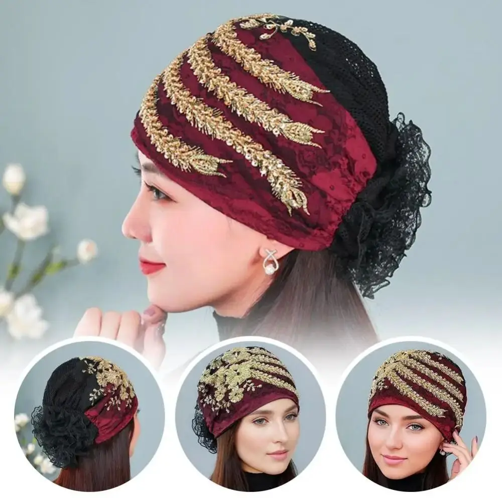 Head Scarf Lace Turban Hats Flower Elastic Tie Hijab Summer Thin Headscarf Bandana Turban Hat Islamic Under Scarf Women