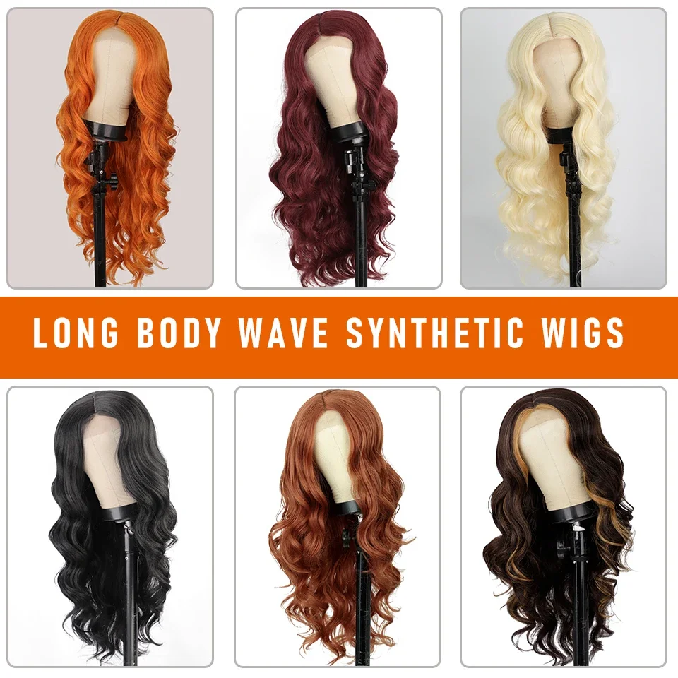 Long Body Wave Ginger Orange Synthetic Lace for Women Highlight Black Brown Middle Part Cosplay Wigs