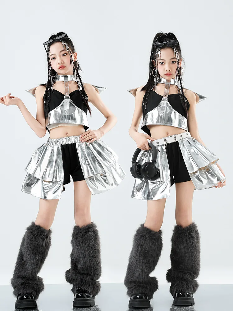 

Детские хип-хоп комплекты: топ с пайетками в стиле K-pop, серебряные юбки для уличных танцев, детская уличная одежда, костюм для джаза, одежда для девочек-групп
