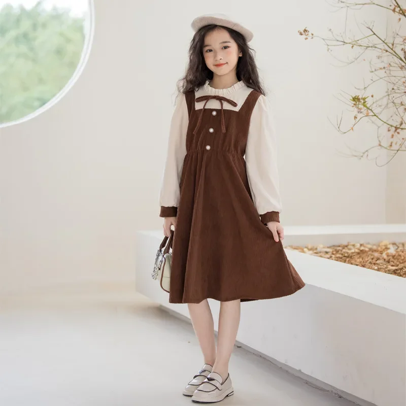 

Girls Princess Dress 2024 Autumn Fake Two-piece Sweet Student Teenage Children Clothes Corduroy Patchwork Kids Casual Dresses