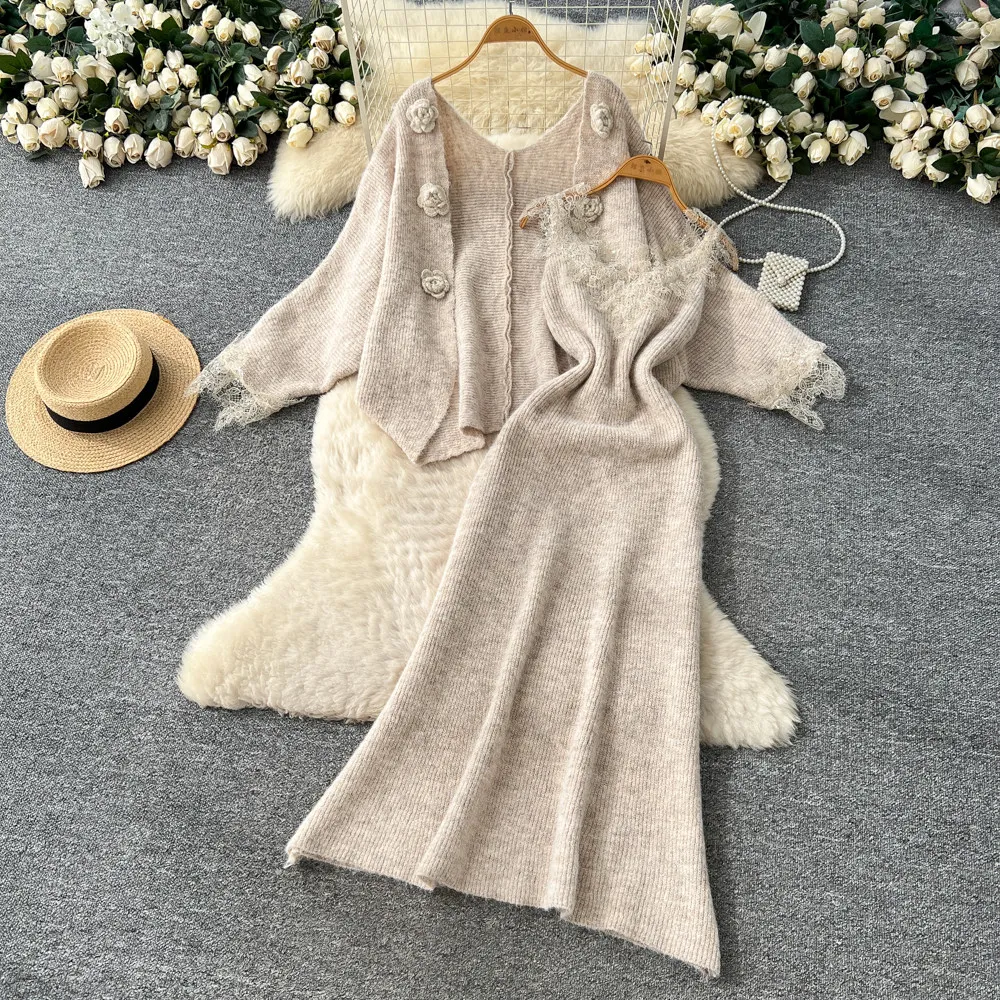Romantisches Strick-Set mit 3D-Blumen-Spitzen-Patchwork, zweiteiliges, schickes Vintage-Kleid, Cami-Kleid, lockerer Pullover, Strickjacke, Urlaubs-Party-Set