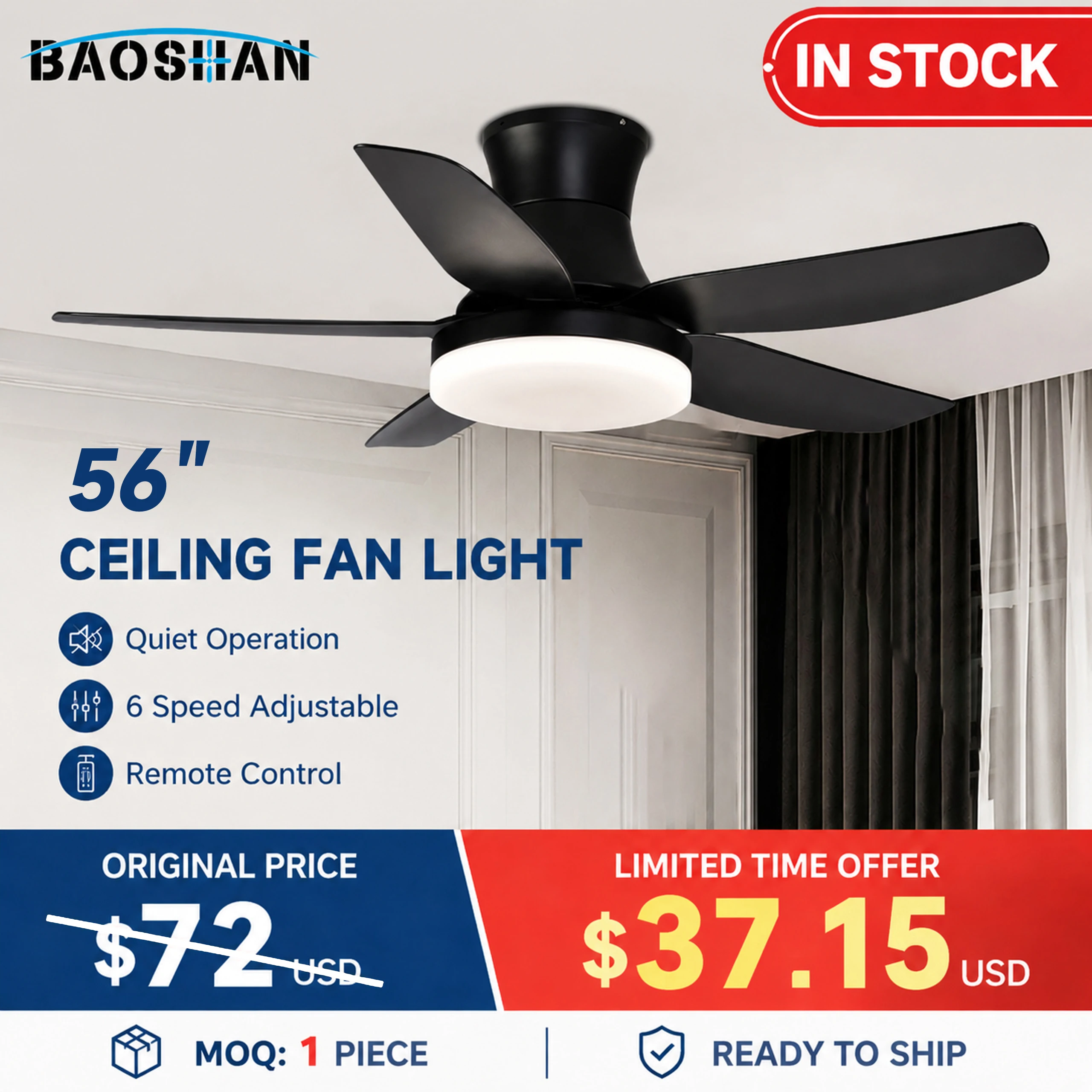 Limited Time Offer Modern Indoor Bedroom Living Room 56 Inch 5 Blade Remote Control Dimming Low Noise Led Ceiling Fan With Light