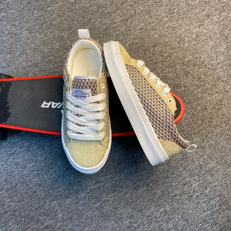 2026 vintage texture gold-colored jacquard board shoes for men, woven splicing low-top casual shoes, large size 36-48, fashion