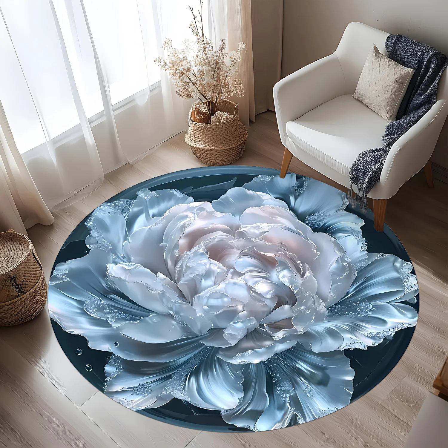 White Transparent Floral Pattern Round Floor Mat – Lightweight Indoor Rug for Bedroom & Living Room