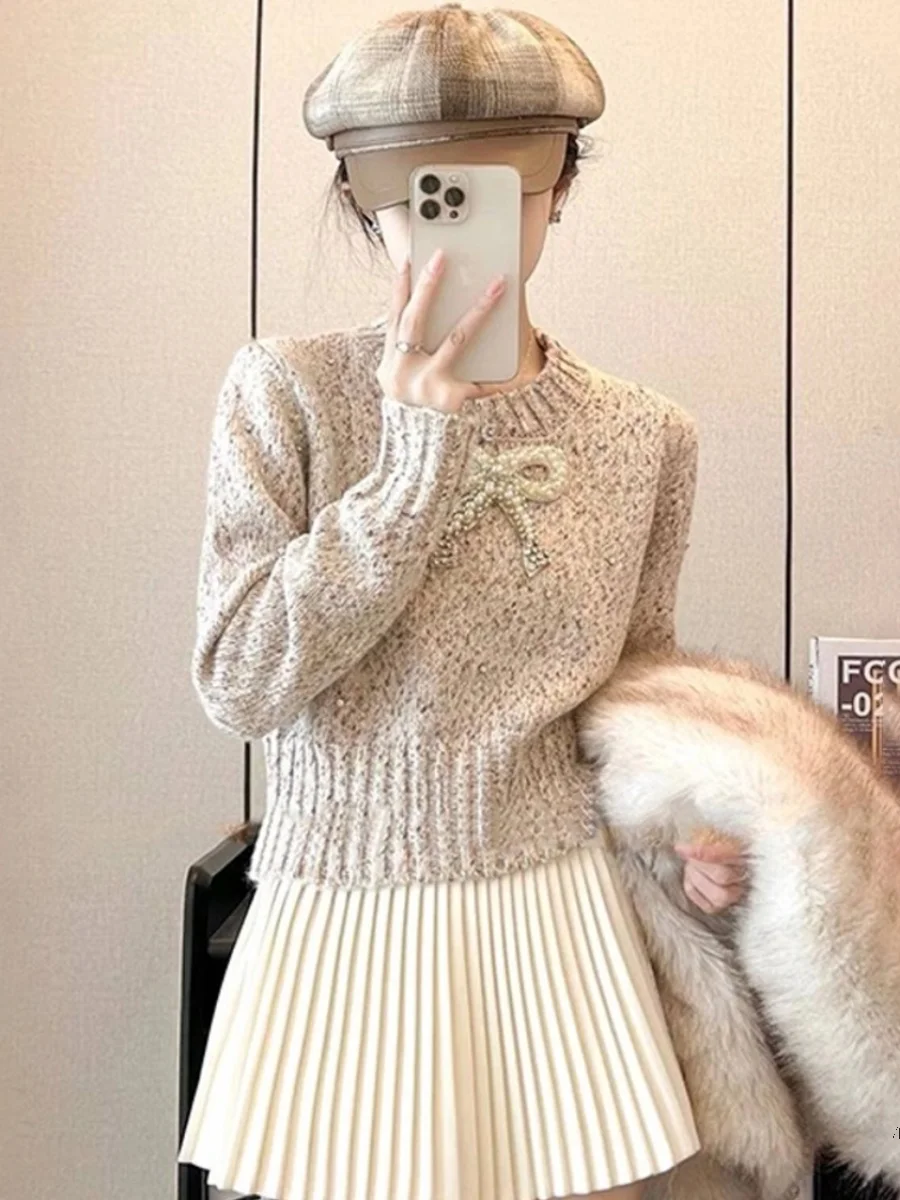 Red Short Pearl Bow Sweater For Women Autumn Winter New Thick Fashionable Versatile White Loose Glitter Knitted Base Sweater