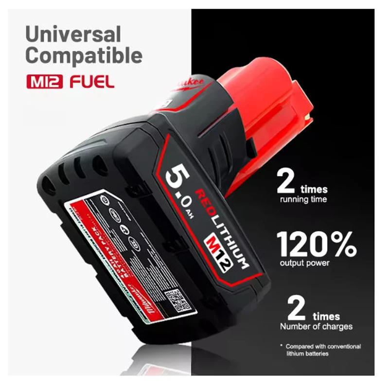 

Original Milwaukee M12 Battery 5Ah 12V REDLITHIUM Li-ion, Compatible with 125+ M12 Cordless Tools, Oil-Resistant