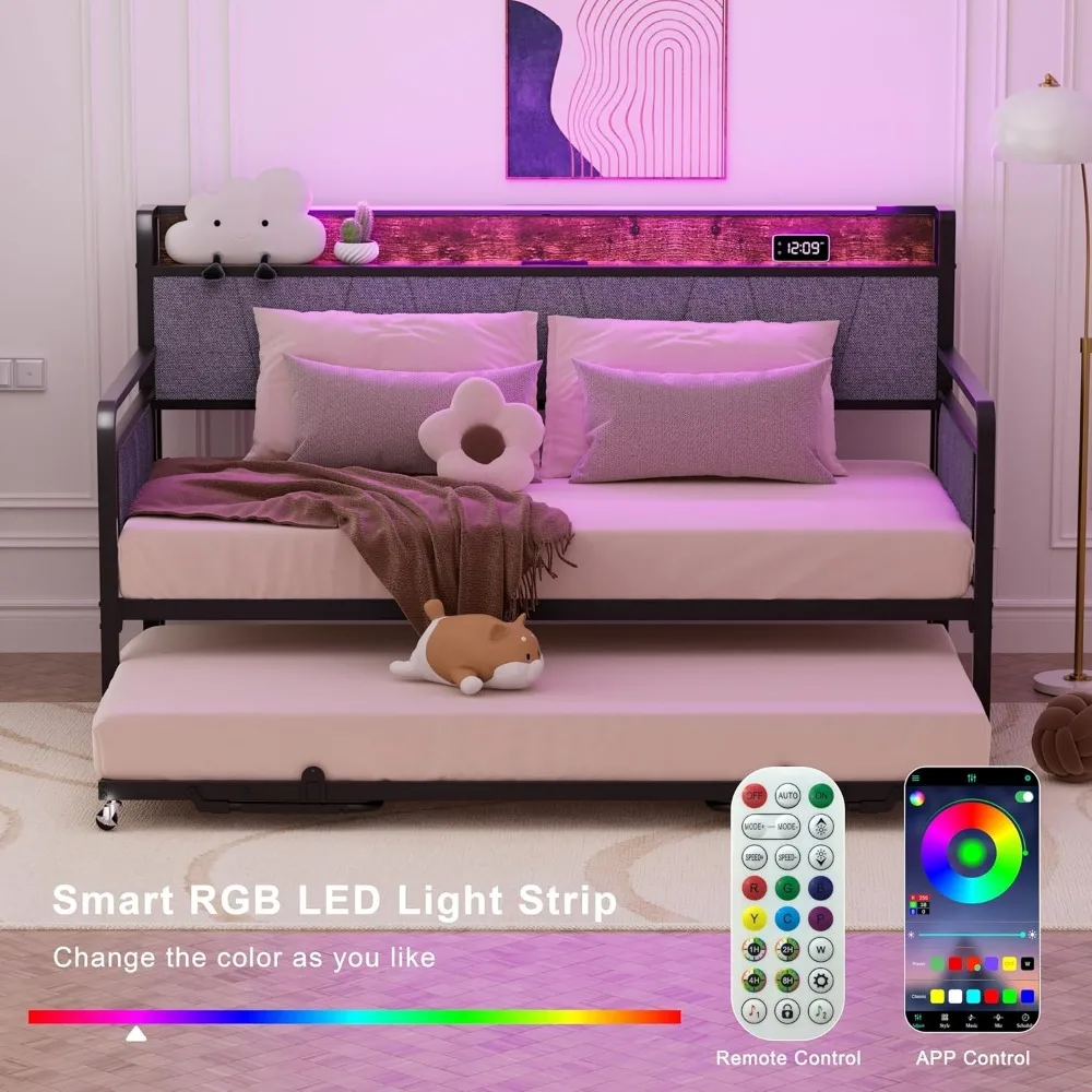 Tempat Tidur Twin dengan Tempat Tidur Tambahan, Sofa Tempat Tidur Twin Modern, Rangka Tempat Tidur Logam Kokoh dengan Sandaran Kepala Berlapis untuk Ruang Tamu, Tempat Tidur