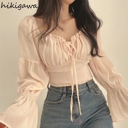 Chic Blouse Women's Clothing Flare Sleeve Square Collar Bandage Crop Tops 2024 Camisas De Mujer Sweet Ruffles Folds Summer Shirt