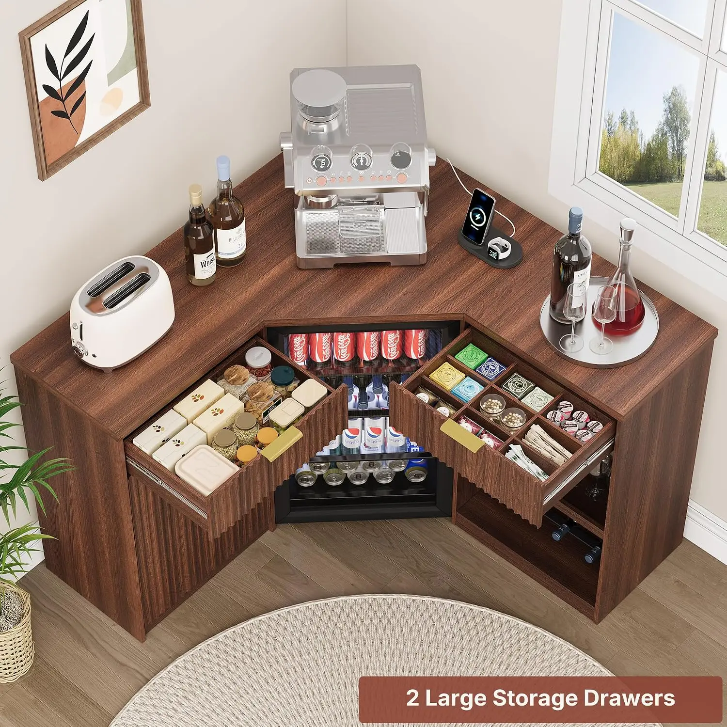 47'' Corner Bar Cabinet with Fridge Space, Charging Station & Wine Racks, Customized