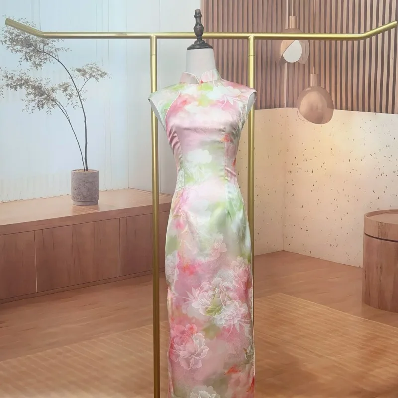 Jacquard Satin Is Super Ethereal Dreamy Sleeveless Chinese-style Summer Dress Slender Waist Modified Cheongsam Youthful Slimming