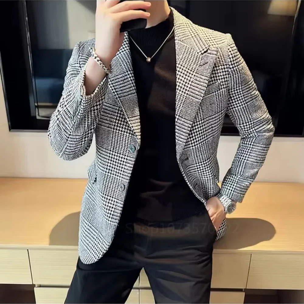 

Облегающий пиджак с узором «гусиные лапки» для мужчин, клетчатая куртка в деловом стиле, однобортный повседневный костюм с остроконечными лацканами, верхняя одежда