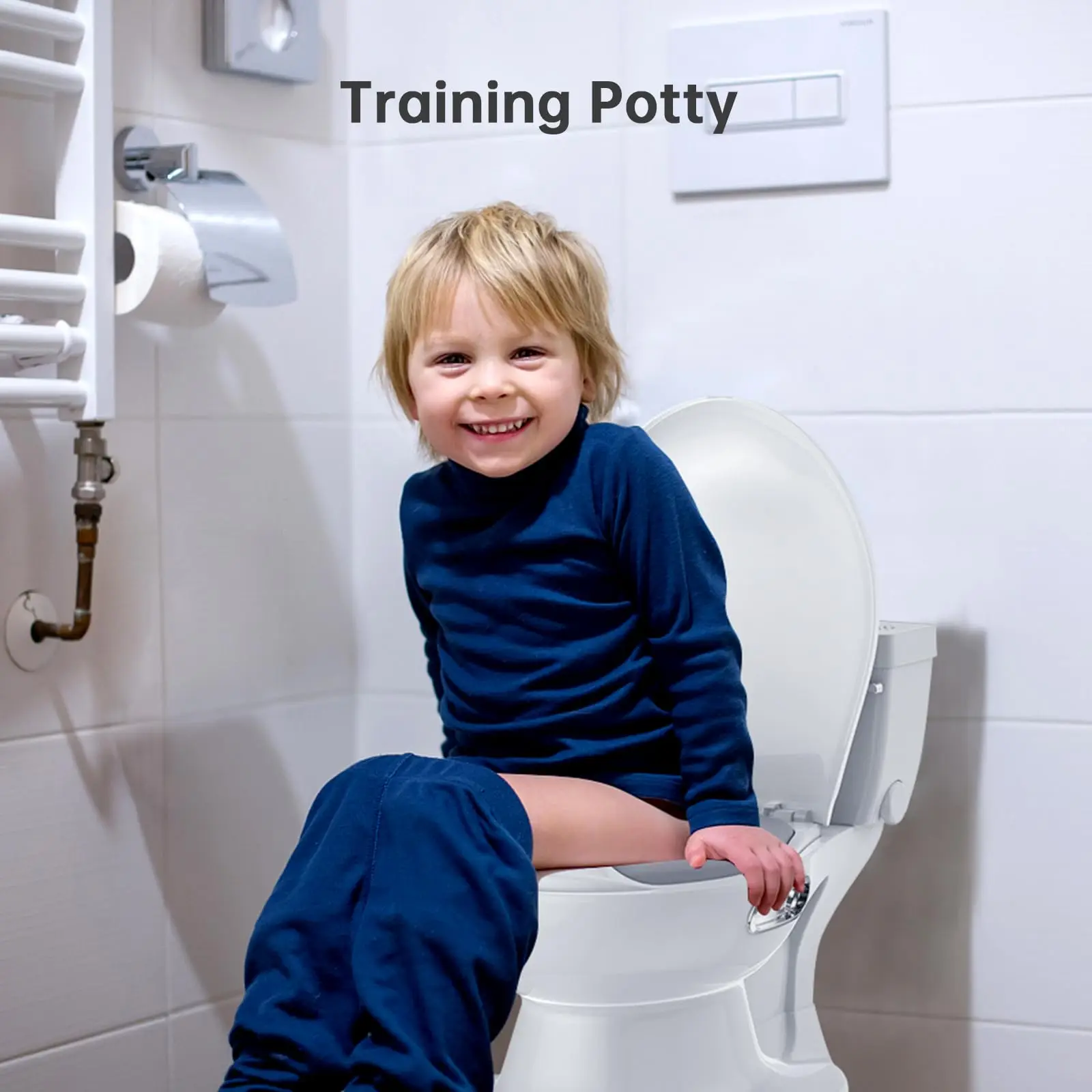 

2-in-1 Toddler Potty Training Toilet, Baby Potty Training Toilet with Real Feel Flush & Wipes Storage, Portable Non-Slip Children Toilets Chair with Paper Holder