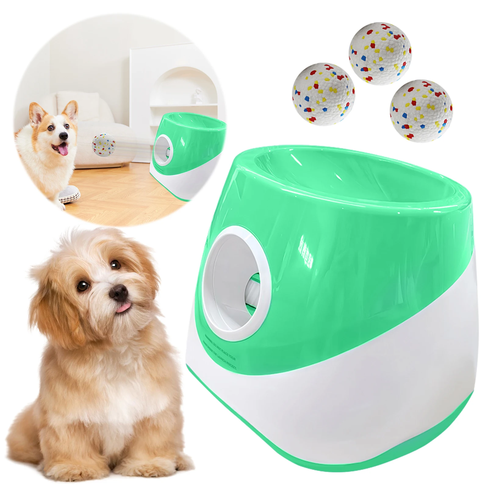 قاذفة كرة الكلب الأوتوماتيكية مع 3 مسافة للكلاب المتوسطة والصغيرة (أخضر)