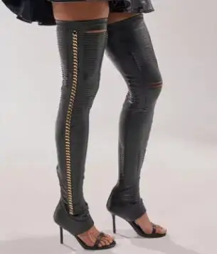 

Сексуальные женские черные сапоги из мягкой кожи с золотой цепочкой, с открытым носком, на тонком каблуке, выше колена, летние, с вырезами, на тонком каблуке