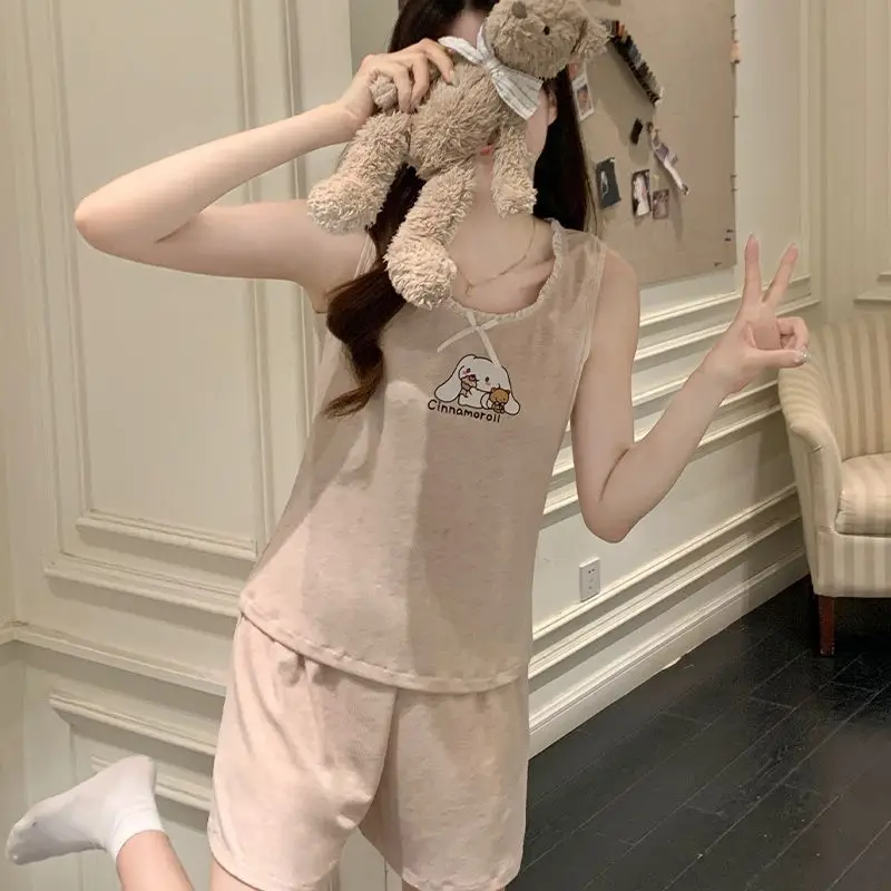 

Сексуальная пижама Sanrio Cinnamoroll для женщин: шорты, безрукавка, топ-халтер, кавайная ночная сорочка, летний домашний комплект