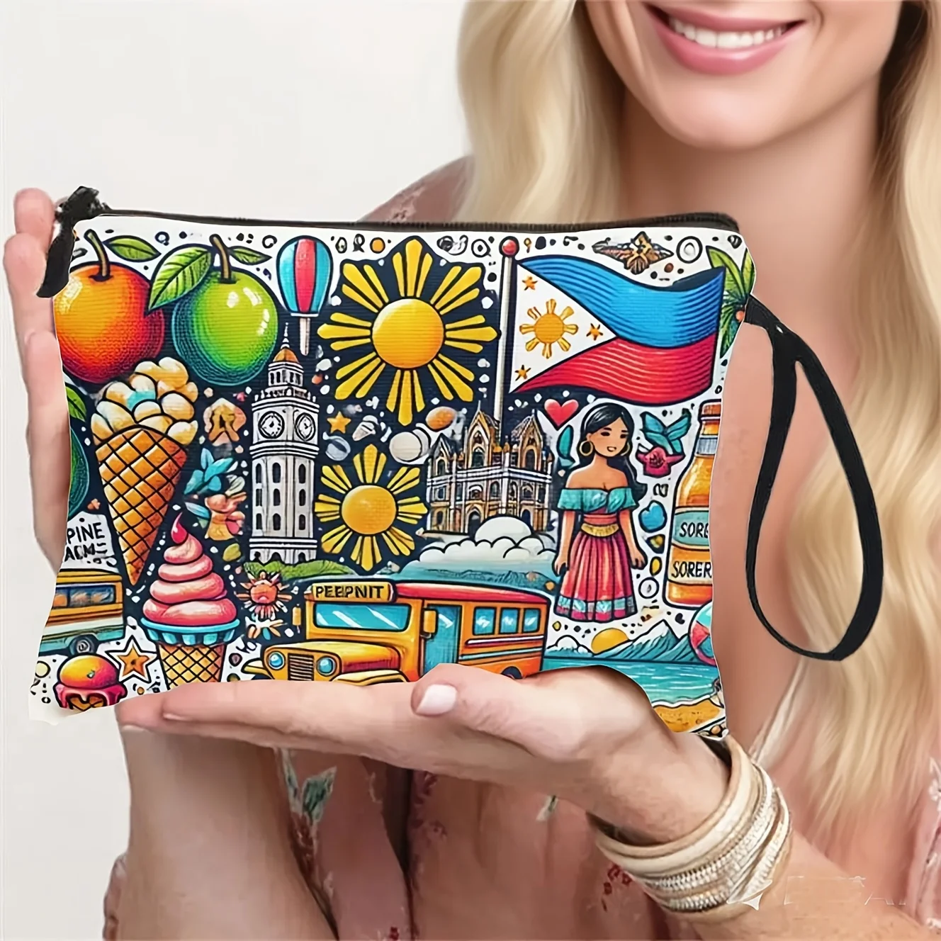 Colorful Illustrated Philippines Landscape Makeup Bag Lightweight Zippered let Toiletry Pouch with Philippine Cultural Cit