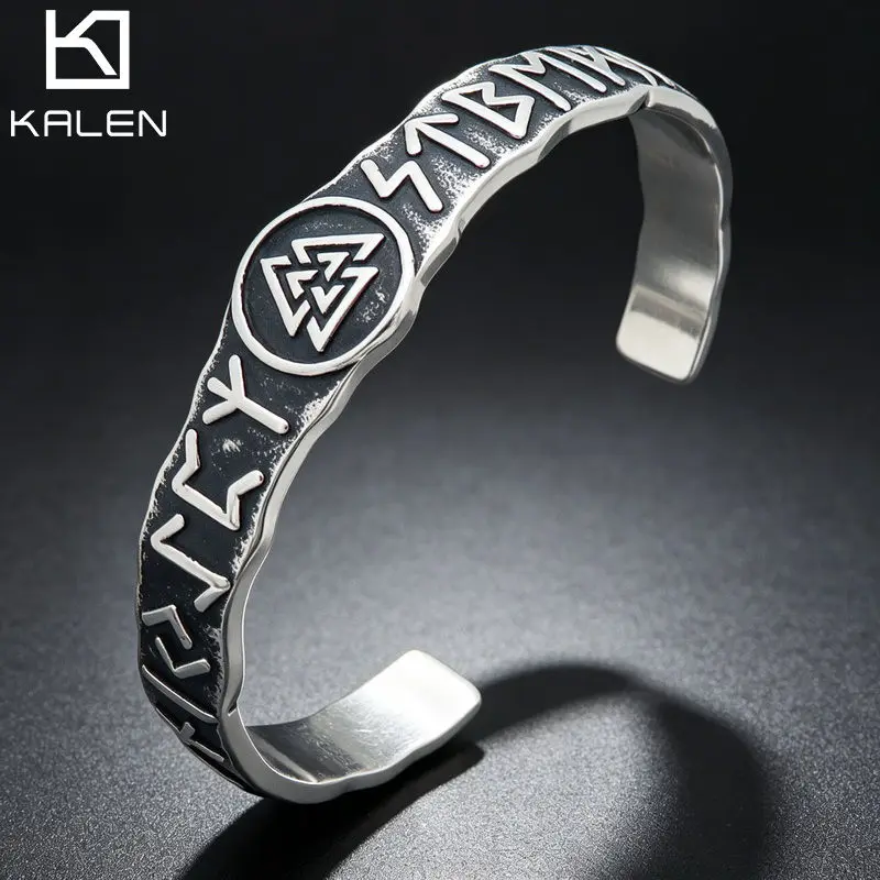 KALEN Vintage Viking Rune Amulet Bangle For Men Punk Stainless Steel Jewelry Triangular Viking Shield Charming Accessory Gift