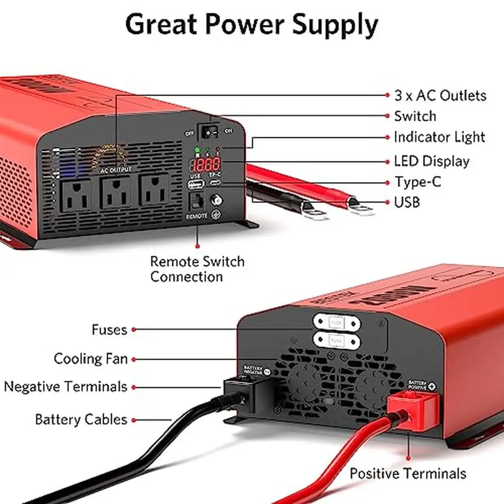 2000W Power Inverter Pure Sine Wave 12V DC to 110V AC Converter Truck RV Solar Off-Grid 3 Outlets USB