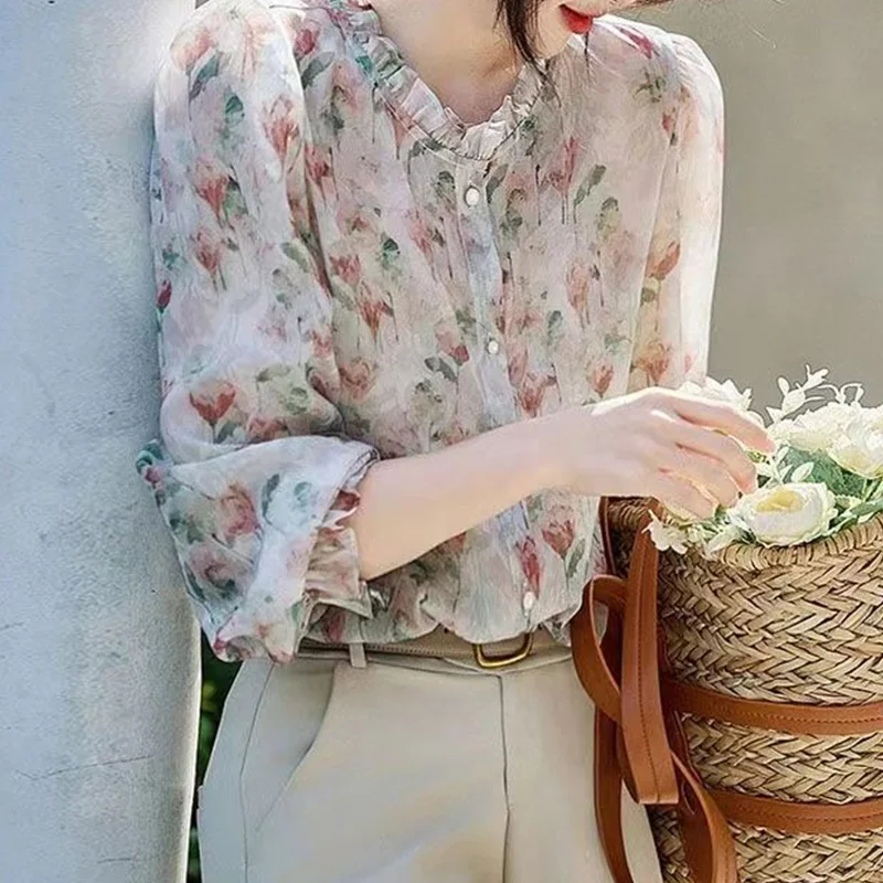 2024 New Summer Oversized Bohemian Retro Korean Style Women\'s Shirt Print Loose Button Lace O Neck Long Sleeve Y2K Chic Tops