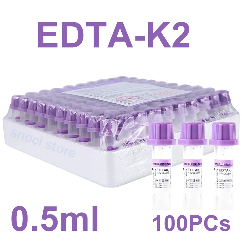 Tubo estéril de recolección de sangre Micro con tapa púrpura EDTAK2, tubo de análisis desechable para laboratorio, 0,5 ml, 100 Uds./PK