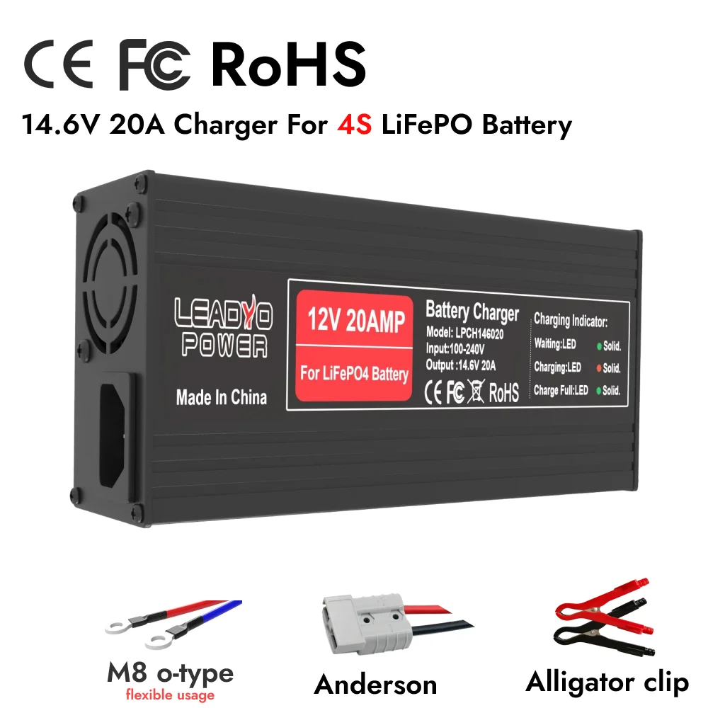 

14.6V 20A Smart Lifepo4 Battery Charger 4S 12V High Power For Lithium iron Phosphate LFP RV Battery Pack 14.6V Smart Charger