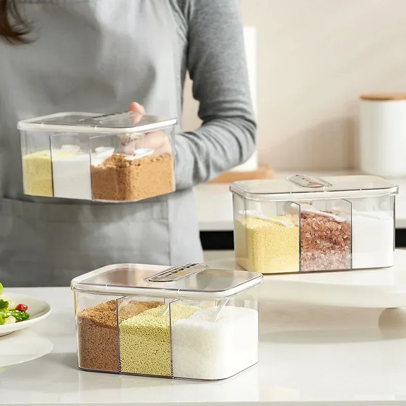 

3-grid Plastic Seasoning Jars Set for Placing Pepper Barbecue Powder Rose Salt Household Seasoning Organizer and Food Storage
