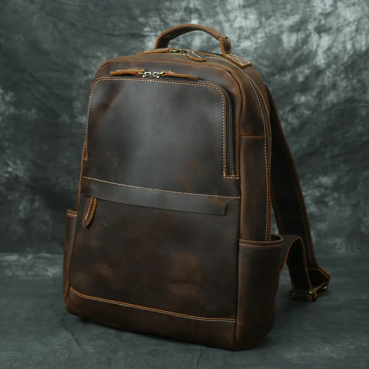 New Fashion Leather Bagpack for travel genuine leather men's backpack laptop bag crazy horse leather daypack of men male