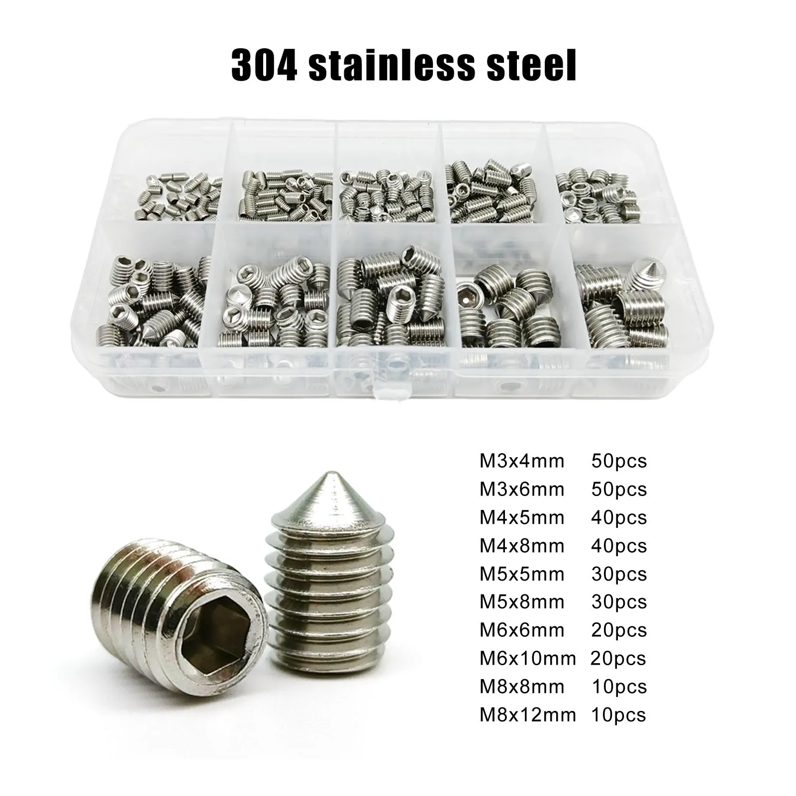 300pcs/box Mix M3 to M8 10 sizes Kit Hex Socket Tapered End Grub Bolt Cone Point Set Screw 304 Stainless Black Grade 12.9 Steel