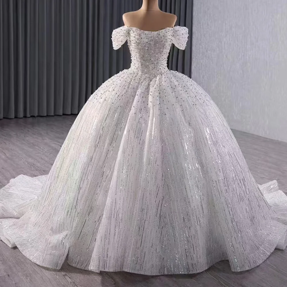 Luxury Strapless Off The Shoulder Wedding Dress With Lace-Up Back Pearls Sequins Customizable Princess Style Vestido De Novia