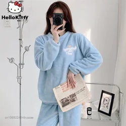 Sanrio Cinnamoroll Sleepwear Suit Women Korean Style Plush Tops Pants 2 Piece Pajama Sets Y2k Female Soft Outdoor Home Clothes