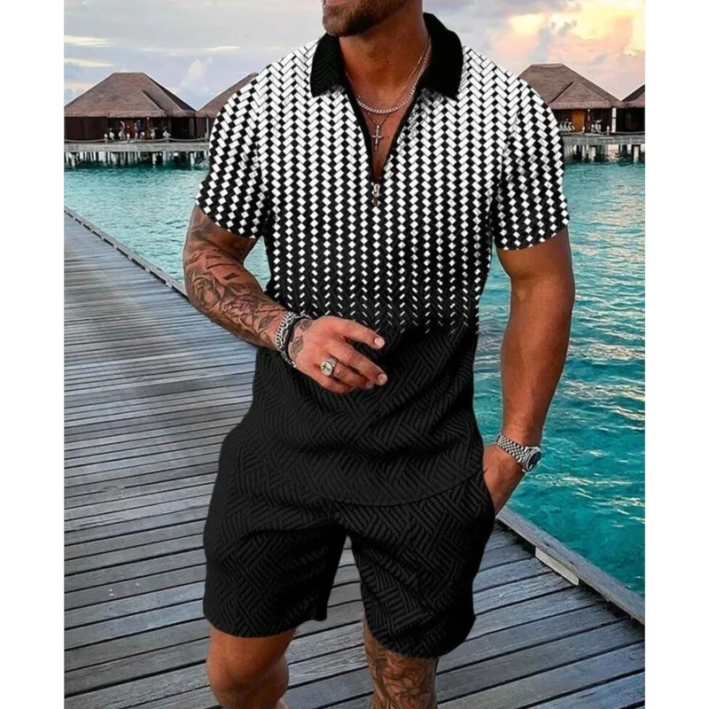 Summer New Men's Sweatsuit Suit Black White Spot Gradient 3D Print Casual Zipper Polo Shirt Shorts 2 Pcs Sets Man Clothing