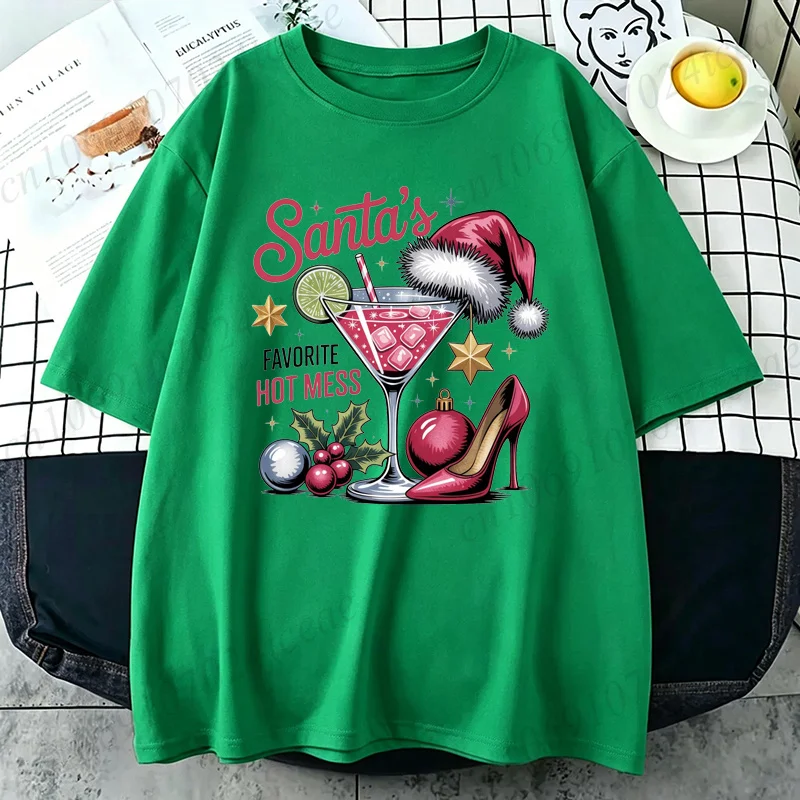Santa's Favorite Hot Mess Shirt T-Shirts Christmas Drink Tshirts Xmas Party Funny T-Shirts for Women Summer Tshirt Trendy Tees