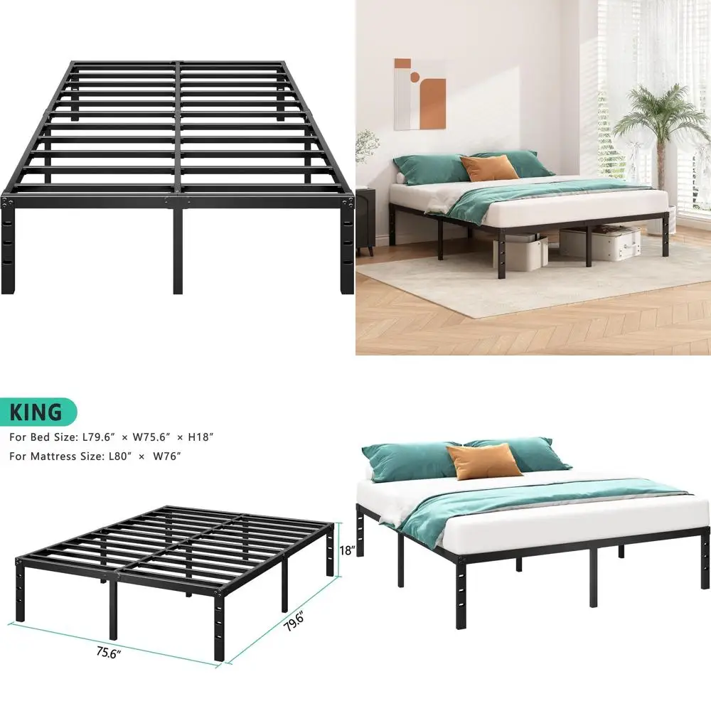 

Металлическая кровать King Size, высота 18 дюймов, без пружинного блока, прочные ламели, простая сборка, черный цвет