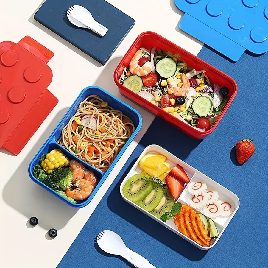 

Lunch box, leak-proof building block lunch box, 3 compartments, with cutlery, large capacity double lunch box