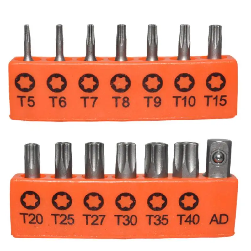 

Set of 14 S2 alloy steel 25mm long hollow plum blossom screwdriver with storage strip and six-star screwdriver