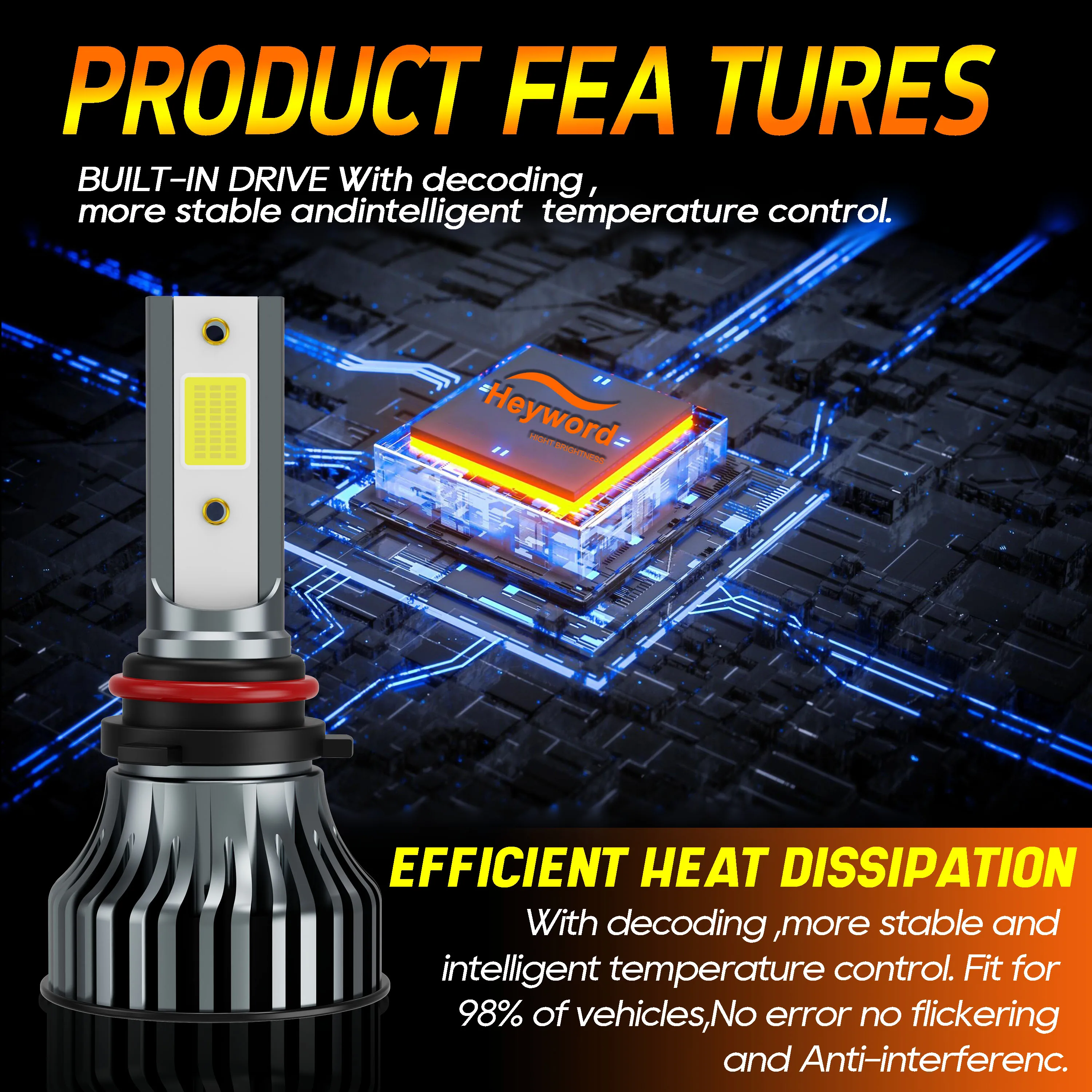 Heyword 2Pcs LED H4 H7 Car Headlight H1 LED Bulb H8 H11 9005 HB3