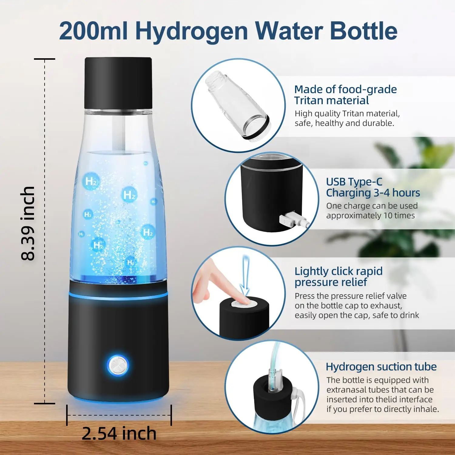 CAWOLO Premium Molecular Hydrogen Water Generator Bottle DuPont SPE+PEM Dual Chamber Maker + H2 Inhalation Device 5000ppB Max