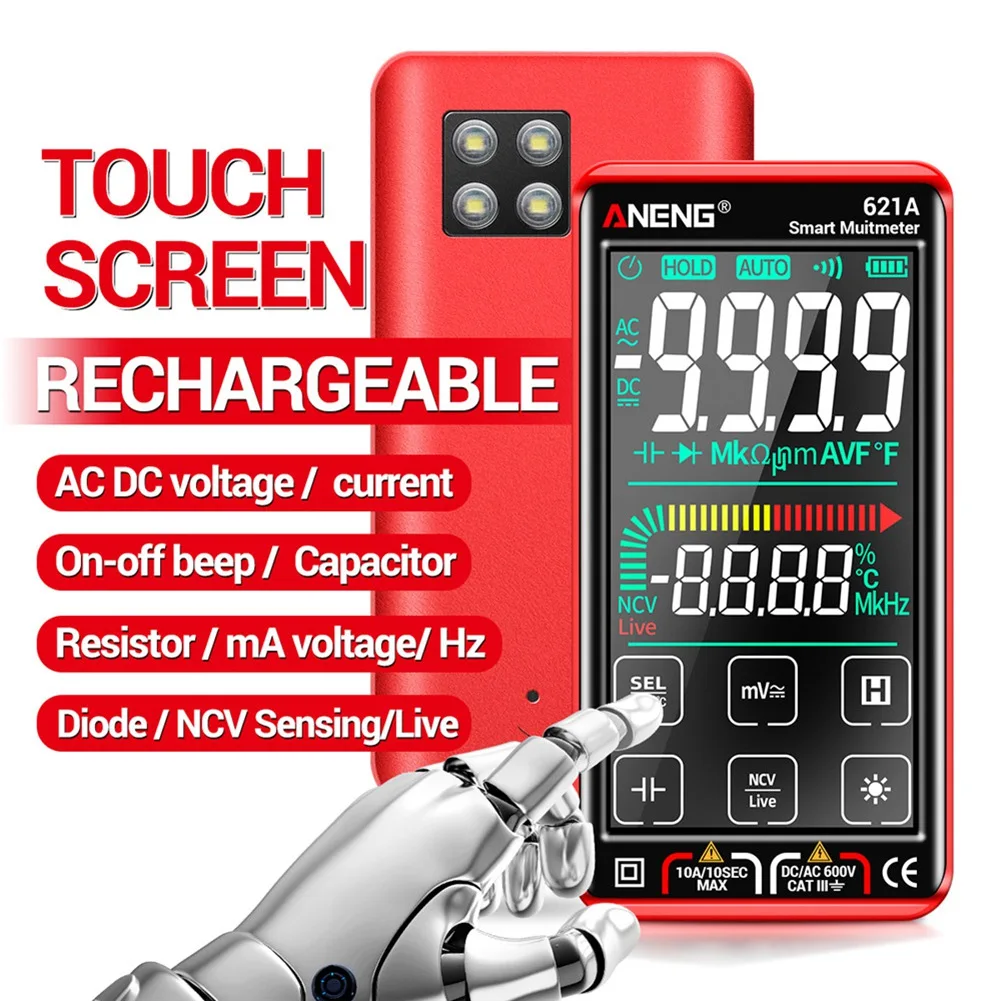 ANENG 621A Touch Screen Intelligent Digital Multimeter 9999 Counts Auto Range Rechargeable NCV Universal Meter Ammeter(Red)