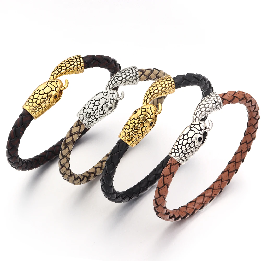 1 Strand Genuine Leather Alloy Snake Head Buckle Leather Rope Bracelet Hot Selling Men Women Personality Hip Hop Style Bracelets