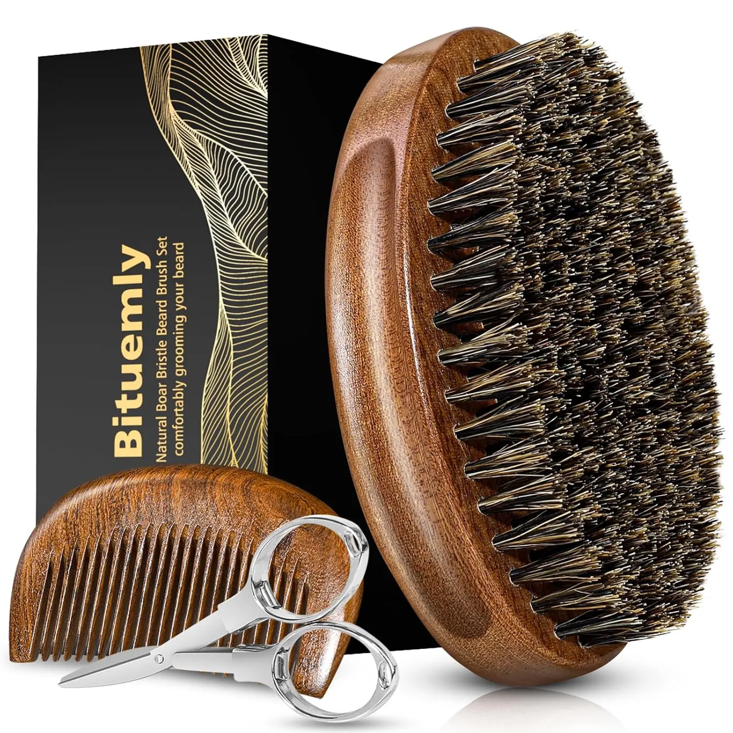 

Beard Brush Set with Boar Bristles, Wooden Comb & Scissors, Grooming Kit for Men, Detangles & Styles Facial Hair
