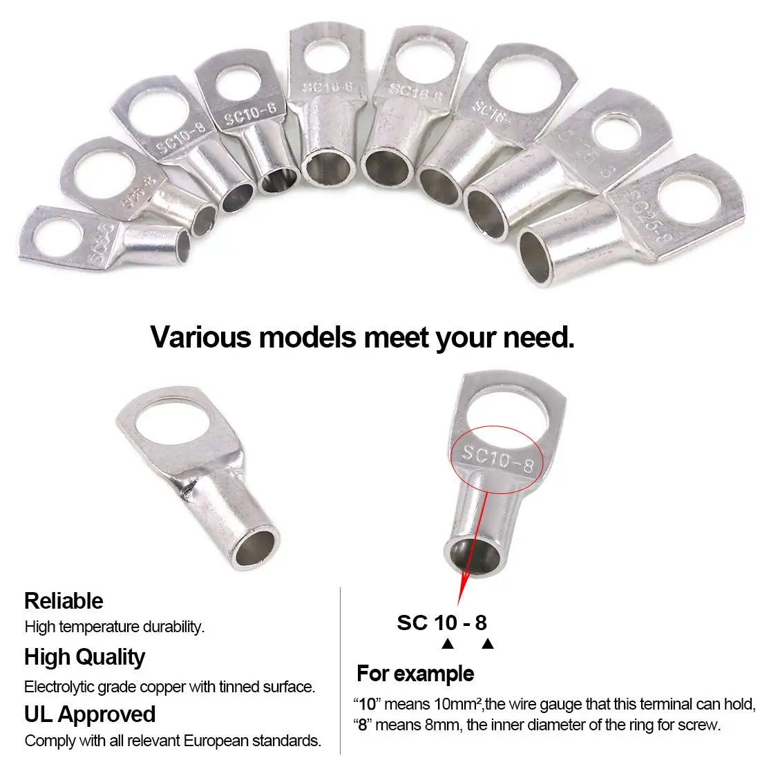REALLY SC25-6 25-8 25-10 25-12 Copper Cable Lug Kit Bolt Hole Tinned Cable lugs Battery Terminals copper nose Wire connector