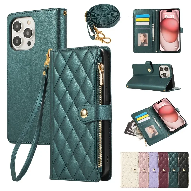 Umhängetaschen-Handyhülle aus Leder mit Handgelenkschlaufe für iPhone 16E 17 Ari 18 16 15 14 13 12 11 Pro Max 8 Plus, Brieftasche mit Kartenhalter. – Detail 14