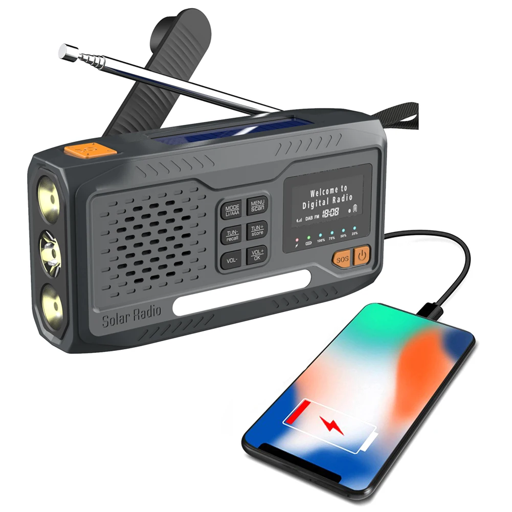 Solar Hand Crank Emergency Radio 4 Ways Powered DAB/FM/Bluetooth-Compatible Radio Reading Lamp 3.5mm Headphone Jack for Survival